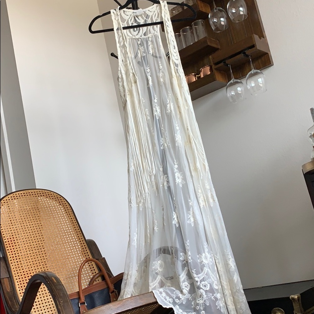 Ivory Lace Duster with Fringe